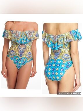 TRINA TURK Sz 6 One Piece Swimsuit Corsica  off shoulder flounce blue paisley